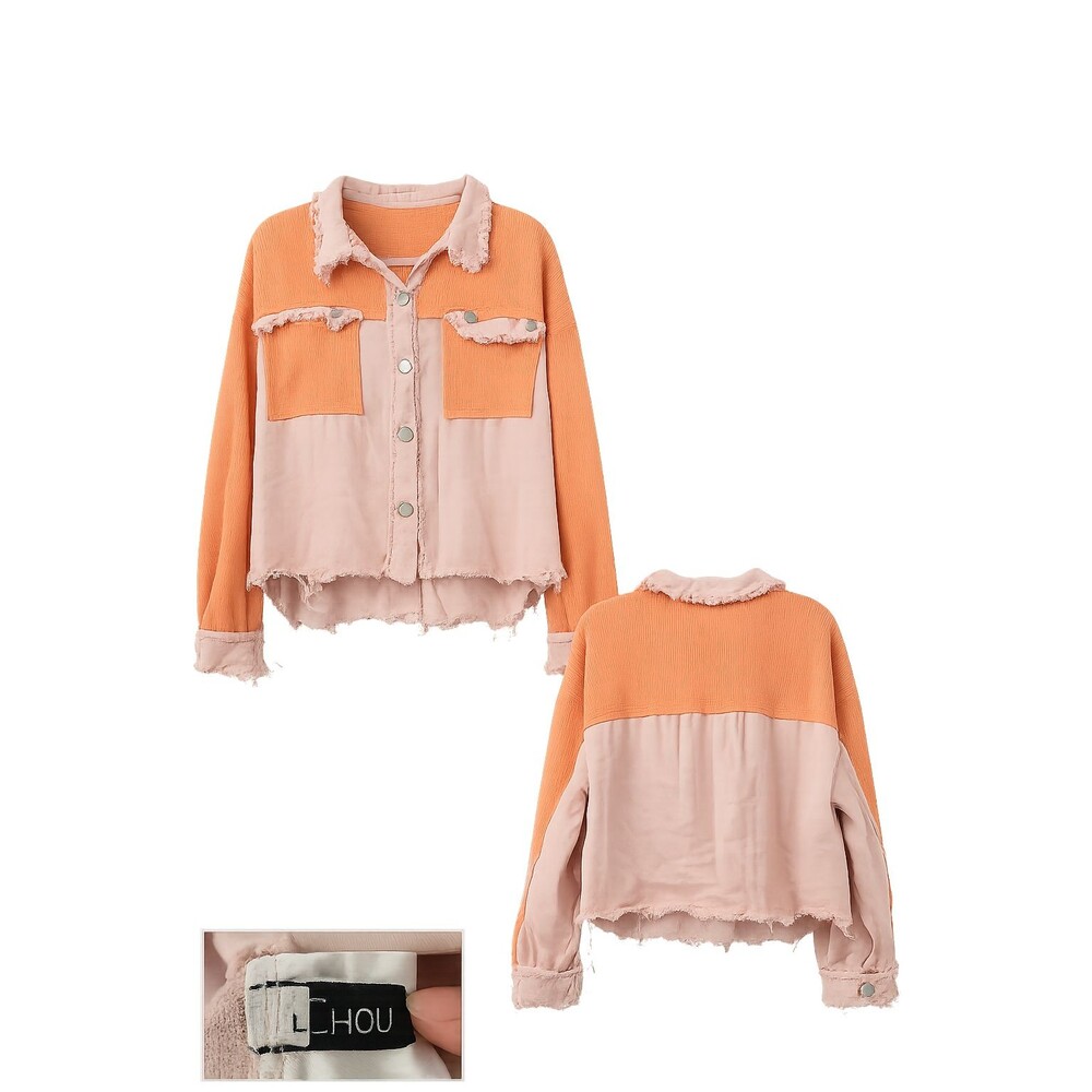 Chouyatou Women’s Colorblock Shacket Jacket Large Pink Peach Distressed Raw Hem